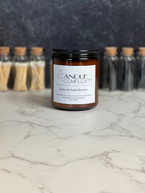 Apples & Maple Bourbon Scented Soy Candle Glass Jar | Aromatherapy | 8 oz. | Handmade in Florida | Eco-friendly | Vegan | Cotton Wick | 100% Soy Wax