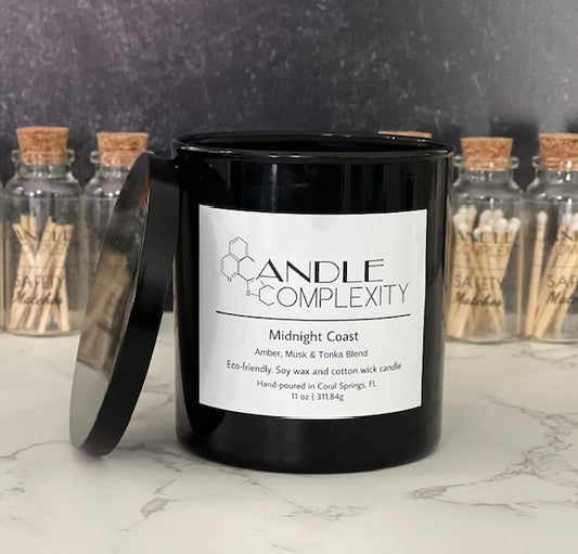 Midnight Coast Scented Soy Candle Glass Jar & Decorative Matches Set | Aromatherapy | 10 oz | Handmade in Florida | Eco-friendly | Vegan | Cotton Wick | 100% Soy Wax (Cozy Cashmere)