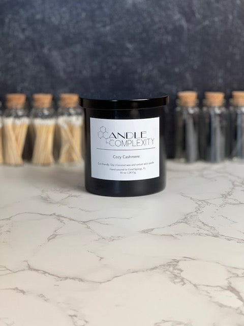 Cozy Cashmere Scented Soy Candle Glass Jar & Decorative Matches Set | Aromatherapy | 10 oz | Handmade in Florida | Eco-friendly | Vegan | Cotton Wick | 100% Soy Wax (Cozy Cashmere)